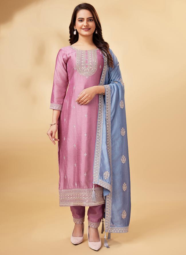 Vichitra Silk Pink Festival Wear Embroidery Work Straight Suit